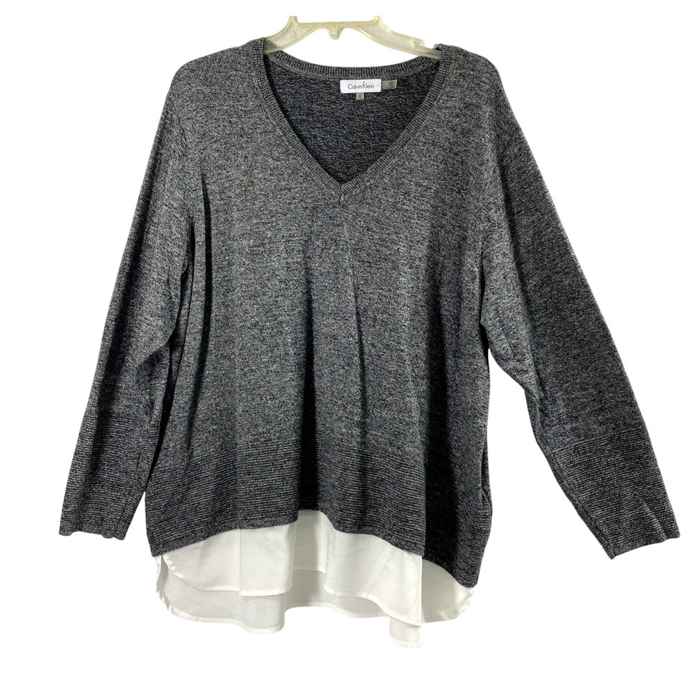 Calvin Klein Sweater Womens 1X Gray V Neck Preppy Layered Bottom Look Tunic